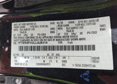 2020 Ford Ranger Xlt из США, поврежденный, VIN 1FTER4FH3LLA28314